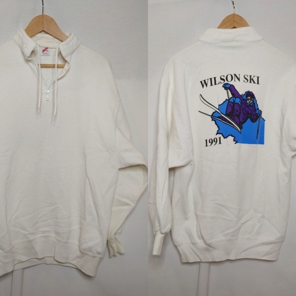 Jerzees Vintage Sweatshirt 1/4 Zip Wilson Ski Graphic 1991 White Blue Black XL L